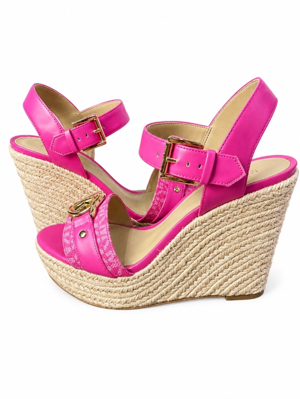 Michael Michael Kors Size 8M Pink Espadrille Wedge Sandals Gold Logo
